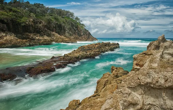 Sea, the sky, clouds, trees, rocks, Bay