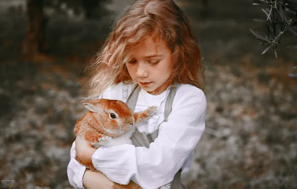 Picture background, mood, rabbit, friendship, girl, red, friends, redhead