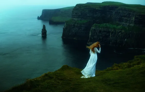 Sea, girl, nature, rocks, dress, TJ Drysdale