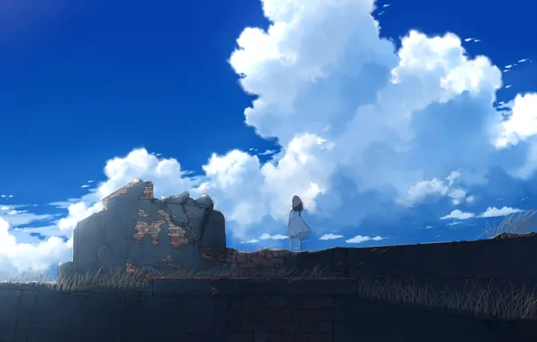 The sky, girl, the ruins