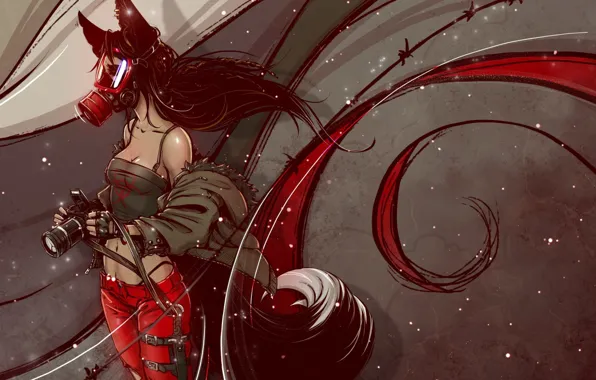 Picture the camera, gas mask, dagger, black hair, demoness, barbed wire, kitsune, fox girl