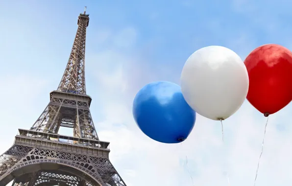 White, the sky, blue, red, the city, balloons, France, Paris