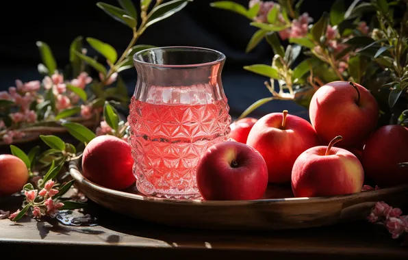 Flowers, apples, juice, drink, fruit, decanter, AI art, neural network