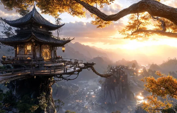 Yellow leaves, abyss, the light in the Windows, suspension bridge, Chinese architecture, sunrise over the …