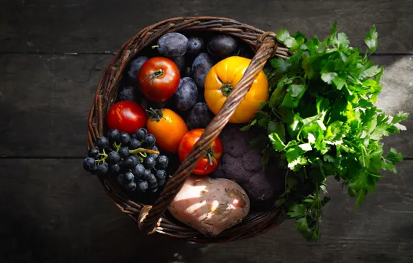 Grapes, basket, plum, tomatoes