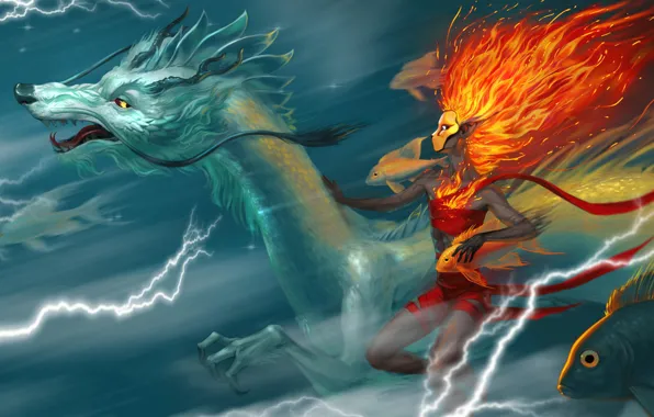 The sky, fire, dragon, fantasy, kopeck piece, NimrodelDark