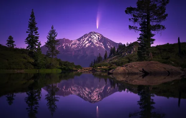 Trees, mountains, night, lake, reflection, comet, CA, California