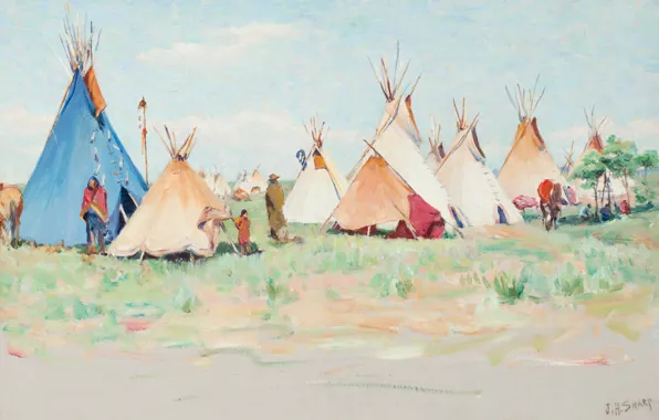 Summer Camp, Joseph Henry Sharp, Horn Montana, Crow Encampment, Little Big