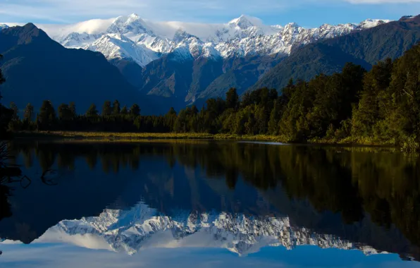 Picture forest, the sky, landscape, mountains, blue, nature, lake, pond
