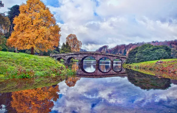 Autumn, the sky, clouds, trees, bridge, pond, England, England