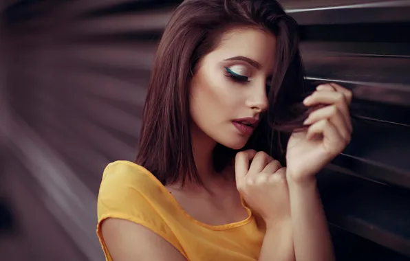 Pose, model, portrait, hands, makeup, hairstyle, brown hair, beauty
