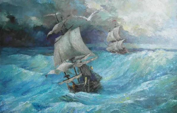 Picture sea, storm, ships, art