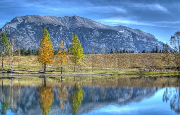 Autumn, the sky, clouds, trees, mountains, lake