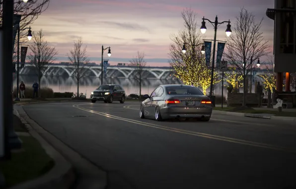 Picture trees, bridge, people, branch, street, boats, BMW, Christmas