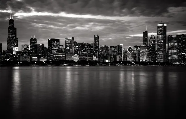 The sky, water, clouds, night, the city, home, Chicago, black and white