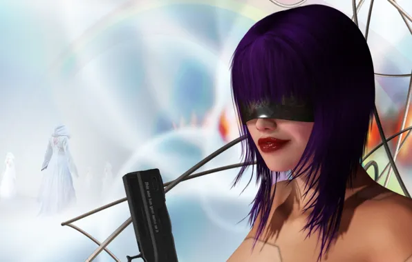 Picture girl, gun, weapons, wire, glasses, Android, purple hair