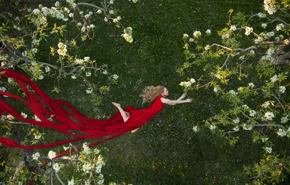 Girl, trees, mood, spring, garden, dress, flight, red dress