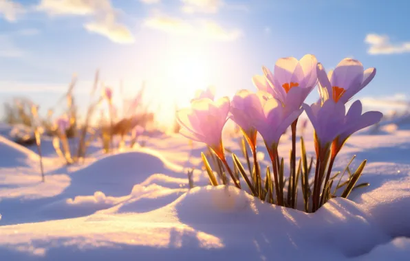 The sun, light, snow, flowers, glade, spring, crocuses, pink