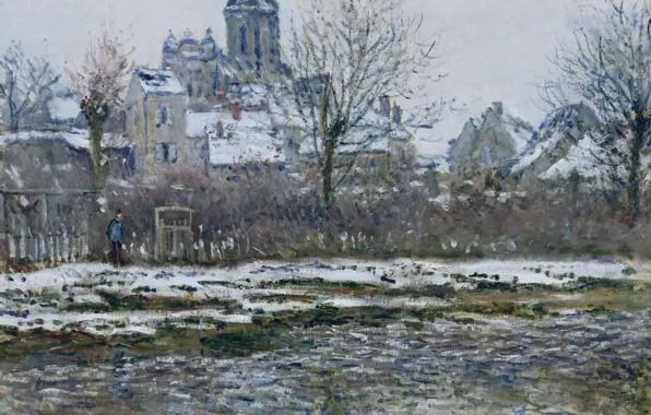 Picture landscape, picture, Claude Monet, Vétheuil. Church. Snow
