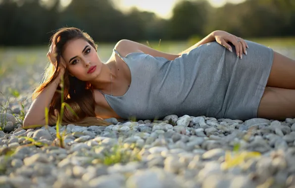 Girl, pose, pebbles, makeup, dress, brown hair, pebbles, Marco Maria Marcolini