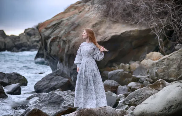 Picture sea, girl, pose, stones, dress, Dmitry Levykin, Maria Martyanova