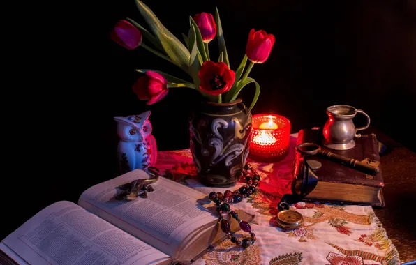Key, Watch, Tulips, Candle, Book, Vase, Still life