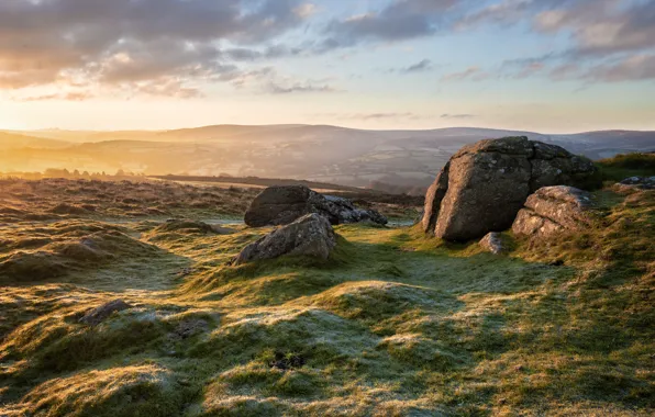 Frost, the sky, grass, clouds, mountains, stones, dawn