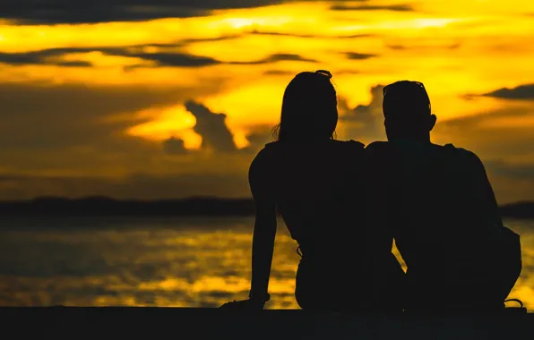 GIRL, SEA, PAIR, HORIZON, The SKY, GUY, SILHOUETTES