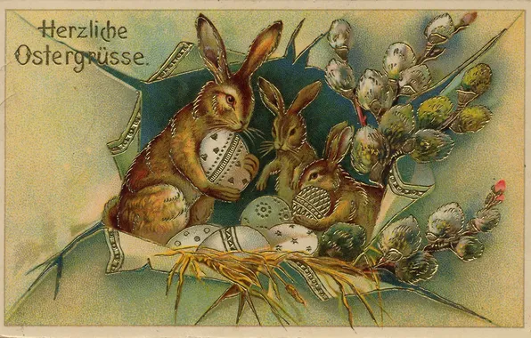 Eggs, Easter, rabbits, rabbits, postcard, vintage postcard