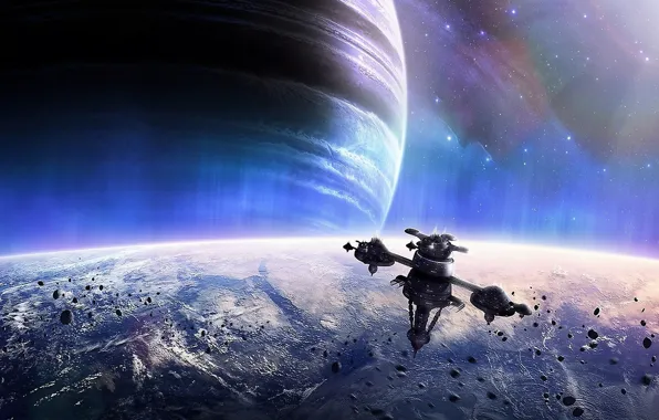 Picture stars, planet, space station