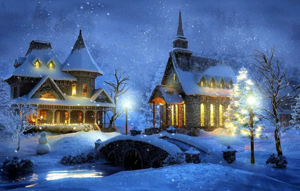 Winter, snow, night, bridge, home, lights, Thomas Kinkade