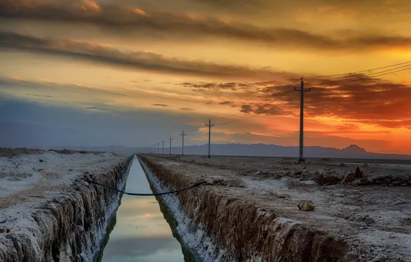 Field, sunset, channel, power lines