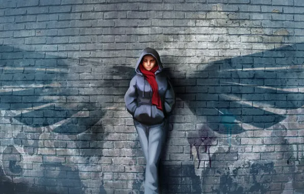 Picture girl, wall, figure, wings, scarf, art, bricks