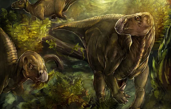 Forest, art, dinosaurs, iguanodon, iguanodon