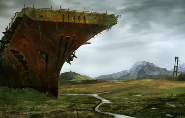 Picture bridge, river, ship, valley, the skeleton, art, devastation, the carrier