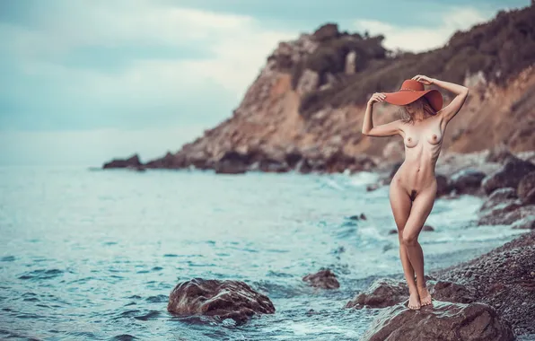 Sea, girl, stones, hat, slim, blonde, beauty, Loboc