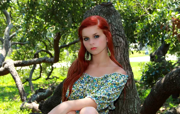Picture greens, look, girl, trees, Park, earrings, dress, redhead