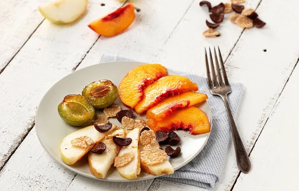 Table, Board, Breakfast, plate, fruit, plug, peaches, plum