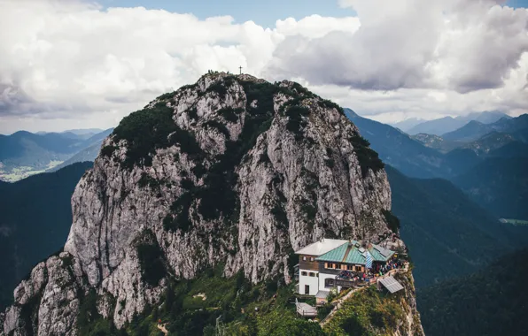 Forest, the sky, clouds, trees, mountains, house, the building, mountain