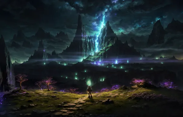 Mountains, night, fiction, trail, Valley, pioneer, the night sky, alien world