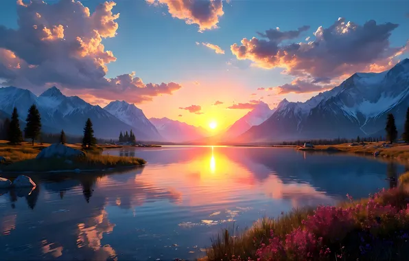 The sun, Clouds, Mountains, River, Dawn, Digital art, AI art, The Art of Artificial Intelligence