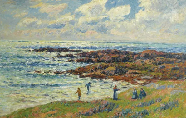 Sea, clouds, people, picture, seascape, Henri Moret, Gathering of Seaweeds at Nevez