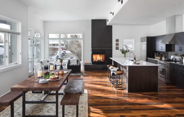 Interior, kitchen, fireplace, living room, dining room
