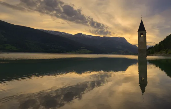 Sunset, mountains, lake, the evening, Italy, chapel