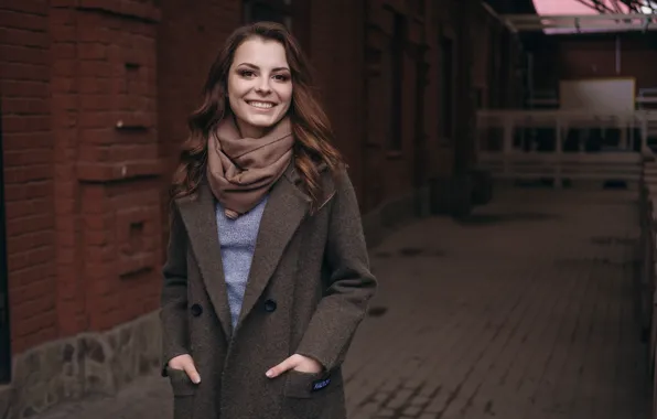 Picture pose, smile, brown hair, coat, bokeh, Alena, Kirill Sokolov