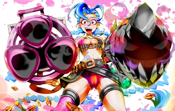 Girl, weapons, art, cartridges, madness, League of Legends, LoL, Jinx
