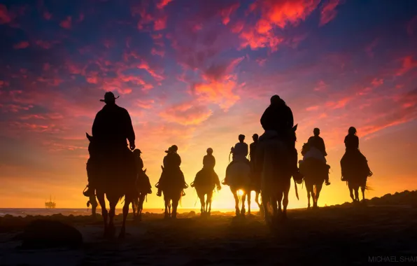 HORIZON, The SKY, CLOUDS, HORSE, SUNSET, PEOPLE, SILHOUETTES, RIDERS