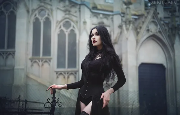 Look, girl, pose, castle, hands, makeup, dress, brunette