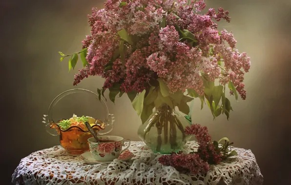 Wallpaper sweets, still life, tea, lilac, bouquet