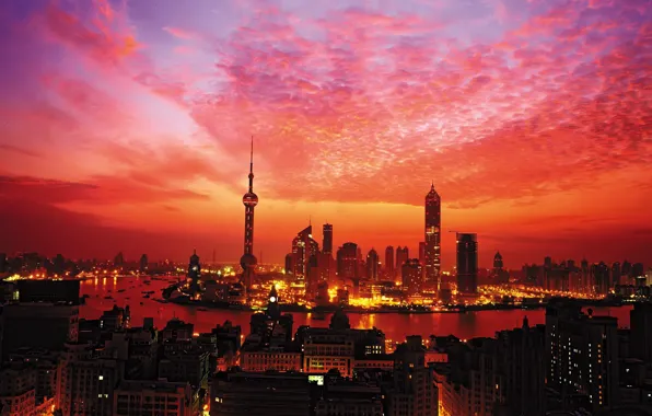 Sunset, lights, tower, Skyscrapers, Shanghai